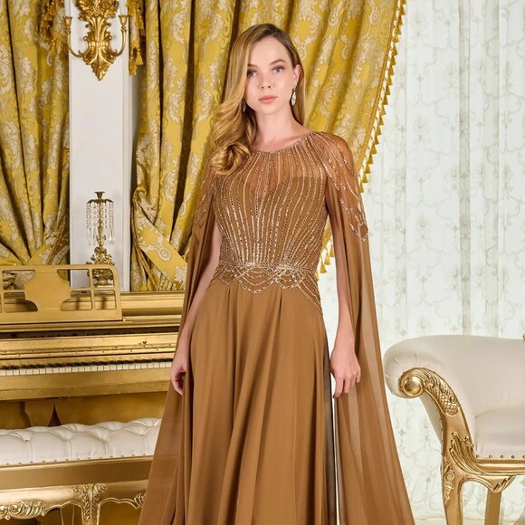 New A-Line Soft Chiffon Beaded Mother Of Bride Gown w/ Cape Sleeves GL3785 - Picture 4 of 14